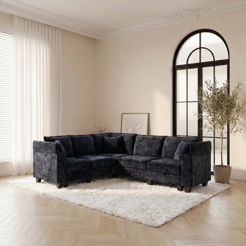 Canapé d'angle en L de 226 cm (89 po), canapé d'angle 5 places avec accoudoirs et rangement dissimulés, canapé d'angle Cloud confortable en chenille avec 3 coussins, canapés profonds modernes pour salon, noir