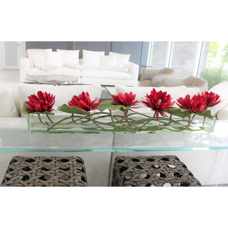 Casa 48'' Glass Plate Leaves Flower and Water Lilies Floral Arrangement in Planter, Red