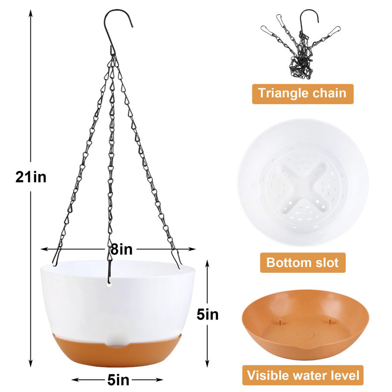 Paquet de 4 pots de fleurs suspendus, pot de plante d'extérieur de 8 pouces avec paniers suspendus en plastique avec trous de drainage et chaîne (blanc + noir + vert + beige)