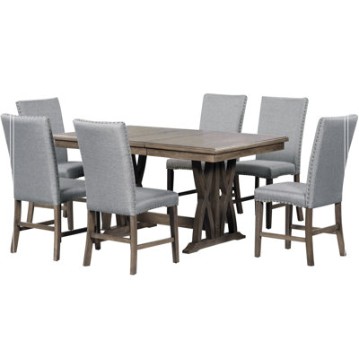Mid-Century Solid Wood 7-Piece Dining Table Set Extendable Kitchen Table Set