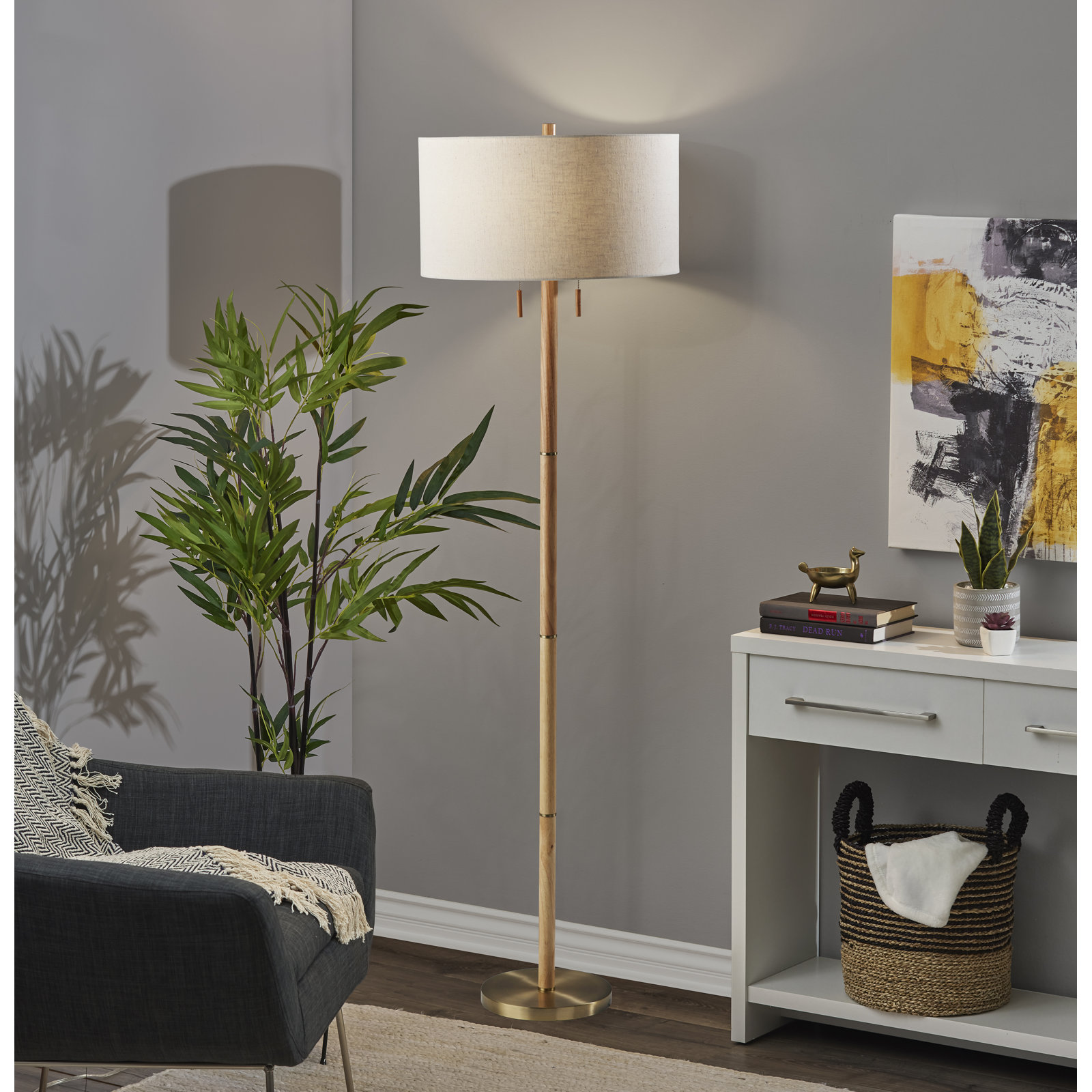 Geno 66.25'' Solid Wood Floor Lamp, Off-White, Natural/Antique Brass
