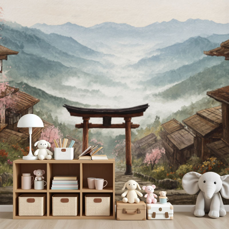 Papier peint autocollant Serene Japanese Mountain Village Spring Cherry Blossoms, 96" L x 69" W