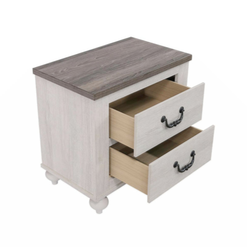 Table de chevet à finition bicolore avec 2 tiroirs, lin rétro et brun cendré