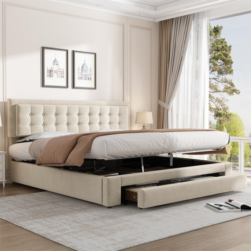 Upholstered ottoman bed velvet, Beige, Kingsize (5')
