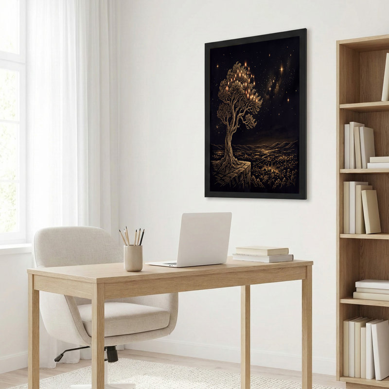 Arbre doré avec constellation de branches sur un paysage urbain, H 12 po x l 18 po