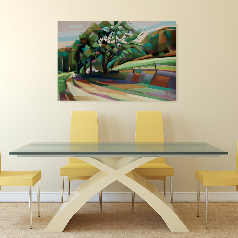 Illustration murale abstraite et colorée représentant une route de campagne géométrique, un paysage naturel.