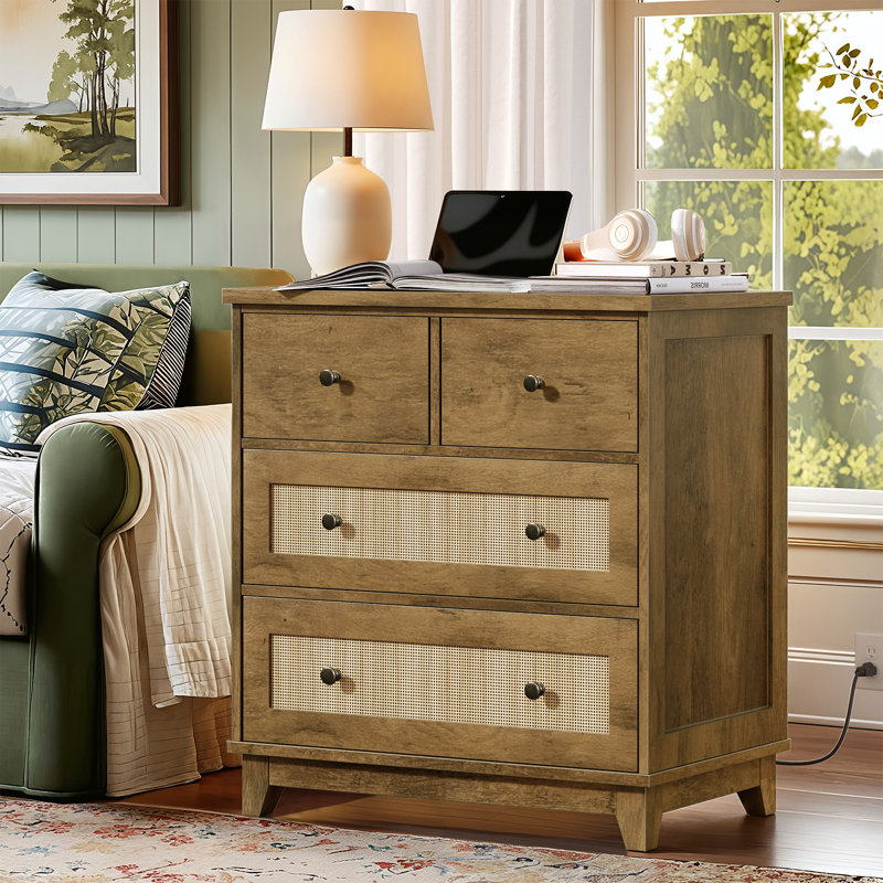  Mikels 26.9"W Night Stand with Drawers, Rattan Nightstand with Charging Station, 27.6" W x 29.6" H, Boho End Tables Living Room, Tall Nightstands with 4 Drawers