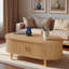 Table basse ovale cannelée avec station de charge, espace de rangement, porte de tambour coulissante et pieds en bois