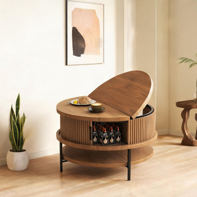 Table basse ronde de salon en bois manufacturé de couleur brune avec structure en acier, 31,5 po, rangement à plateau relevable