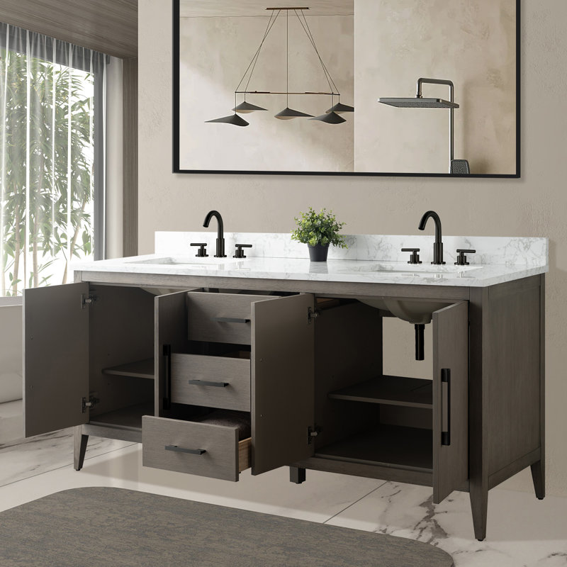 Meuble-lavabo double 72 po avec plateau en marbre, Noir mat, Bois flottant gris