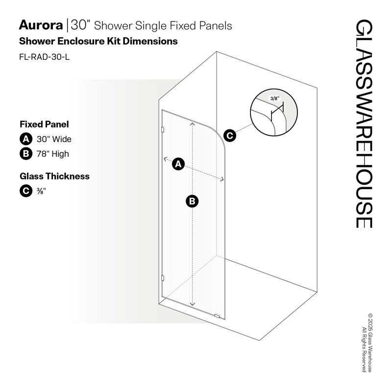 Aurora 30 in. x 78 in. Fully Frameless Fluted Radius Single Fixed Shower Panel, Left Opening, Satin Brass