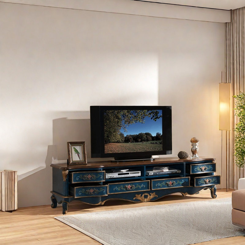Meuble télé classique à poignée rétro, Bleu, 70.87"
