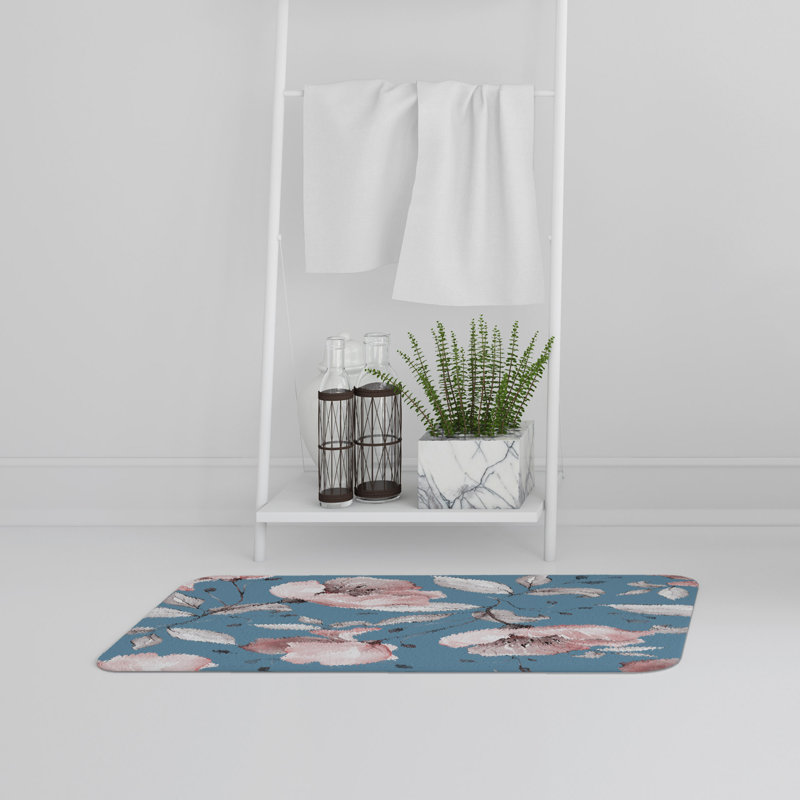 Akelah Memory Foam Non-Slip Bath Rug, Pink/Blue Floral 10