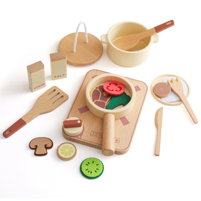 Wooden Pretend Play Kitchen Cookware and Utensil Set