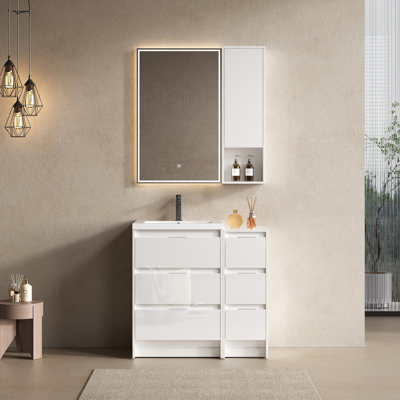 Meuble-lavabo autoportant de 36 po avec lavabo en résine, 1 armoire de rangement et 1 petite armoire murale, tiroirs et porte à fermeture en douceur, blanc brillant, contreplaqué (KD-Packing)