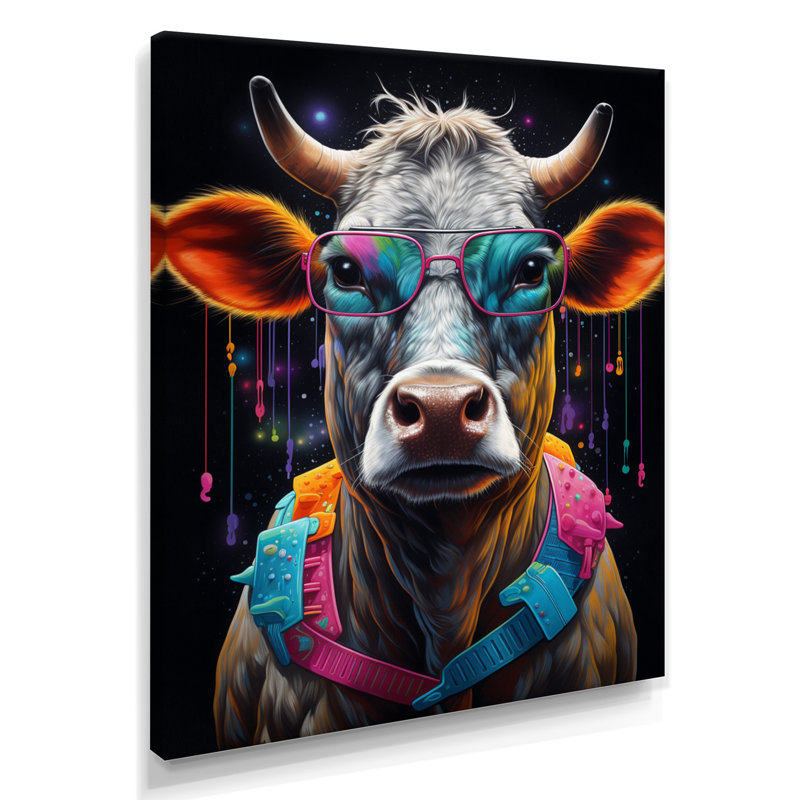 Vache avec lunettes de soleil bleues fraîches, H 44 po x l 34 po x P 1,5 po, Toile tendue
