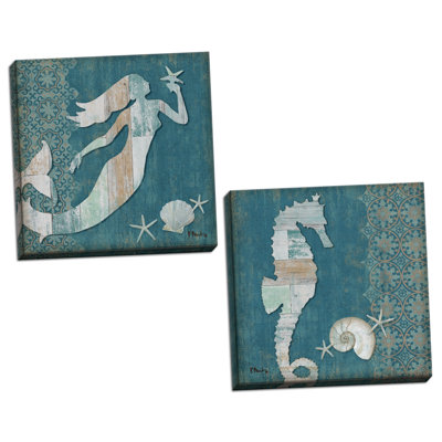 " Distressed Beach Décor Mermaid & Seahorse Nautical " by Paul Brent 2 - Pieces