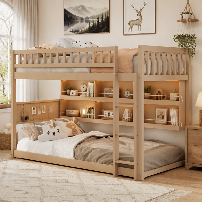 Lit superposé simple TG au-dessus de simple TG avec tablettes intégrées, lumières à changement de couleur et panneau perforé, beige