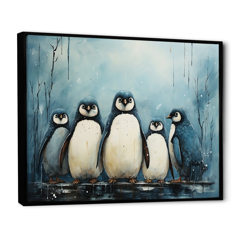 «Minimalims Penguins Parade», reproduction sur toile, Cadre flottant noir, H 24 po x l 32 po x P 1 po