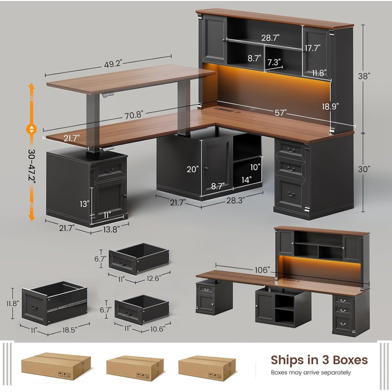 Bureau assis-debout électrique en forme de L de 70,8 pouces avec tablette, Black