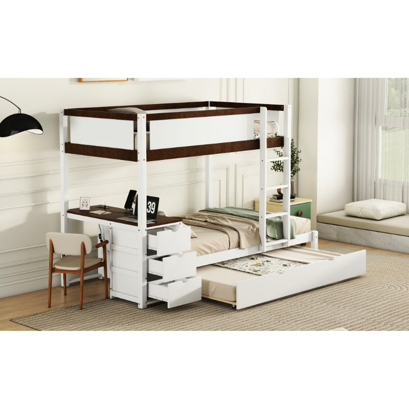 Lit superposé Twintwin blanc + noyer avec couchette de rangement et bureau, finition blanc + noyer. Petites pièces Space Design. Prises de courant équipées