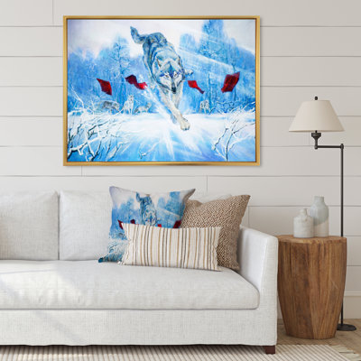 Paysage hivernal «Loup sautant» - peinture sur toile