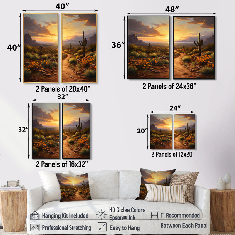 Cactus Sunset Desert Dreams In Mexico II - Grand art mexicain, impressions sur toile, 2 pièces, H 40 po x l 40 po, Blanc