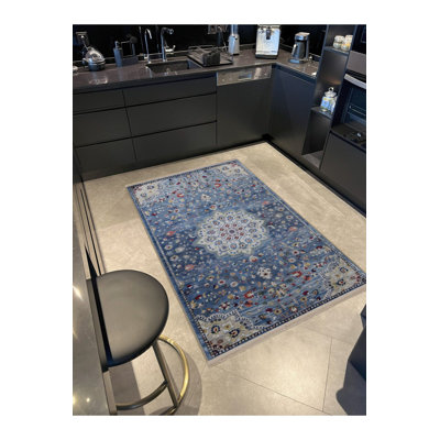 Tapis bleu lavable décoratif floral