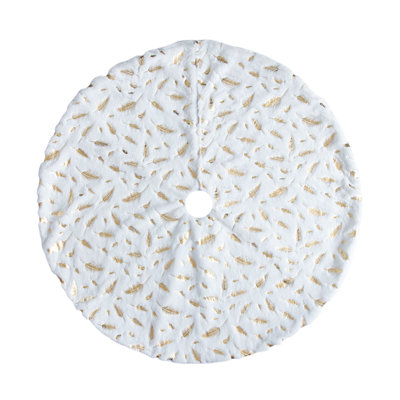 Feather Print Faux Christmas Tree Skirt, Soft Cover Mat For Holiday Home Party Decor, 35.4in Gold