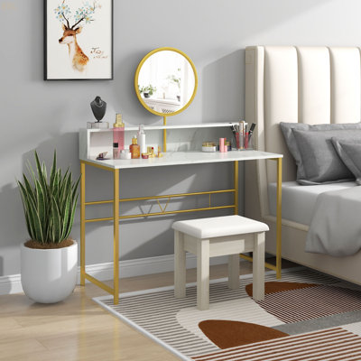 Bureau de maquillage de coiffeuse moderne avec miroir, coiffeuse avec rangement ouvert, finition en faux marbre et cadre en acier pour la chambre à coucher HOMcom