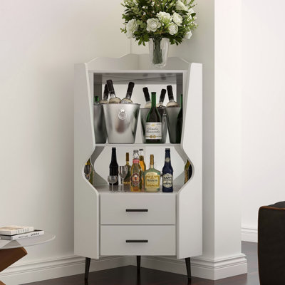 Wooden Corner Bar Cabinet With 2 Open Storage Shelves And 2 Drawers, Mirrored Back Sideboard Cabinet, High Feet/Legs For Easy Cleaning, Buffet Cabinet by Ophelia & Co.