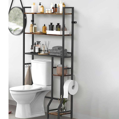 Over-The-Toilet Storage Shelf, 63.4" H x 33" W x 11" D 5-Tier Bathroom Space Saver Organizer with Mesh Basket, Side Ladder Shelves & Toilet Paper Holder, Industrial Black Metal Frame with Rustic Brown Shelves