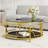 Round Tempered Glass Coffee Table with Luxurious Geometric Metal Frame, Gold Finish, and Lower Shelf in Black-1153275626
