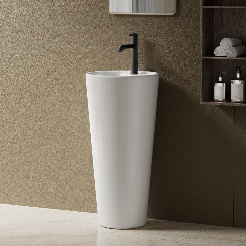 SUPERFLO 33'' Tall Ceramic Circular Pedestal Bathroom Sink with Overflow, White