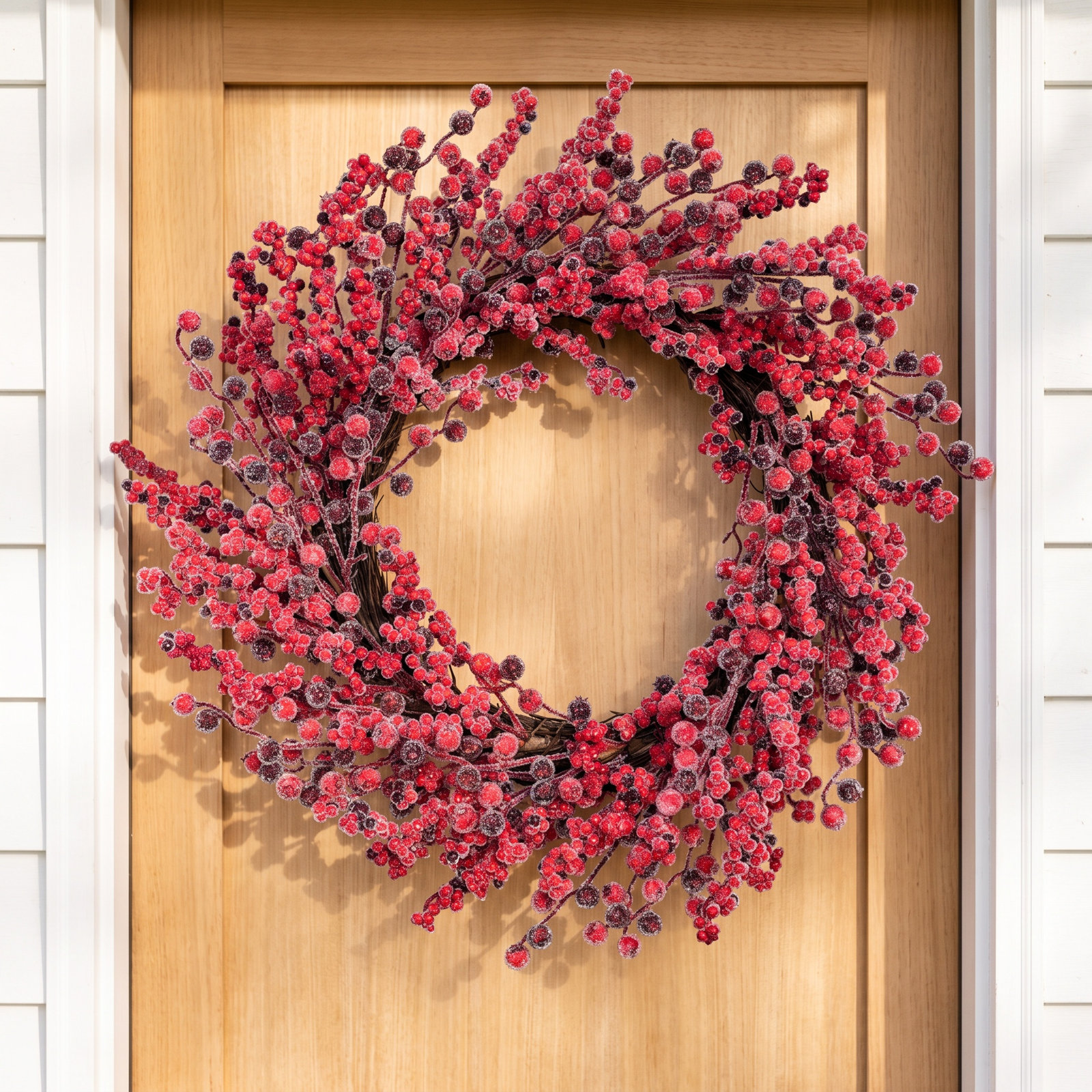 22" Artificial Farmhouse Blossom Cluster Frosted Red Holly Berry Front Door Wreath Christmas Day Decor