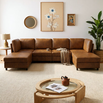 Canapé modulaire moderne en forme de U avec 2 repose-pieds, mobilier de salon Mid-Century à 6 places, canapé en tissu brun clair librement configurable, structure en bois et mousse à haute densité