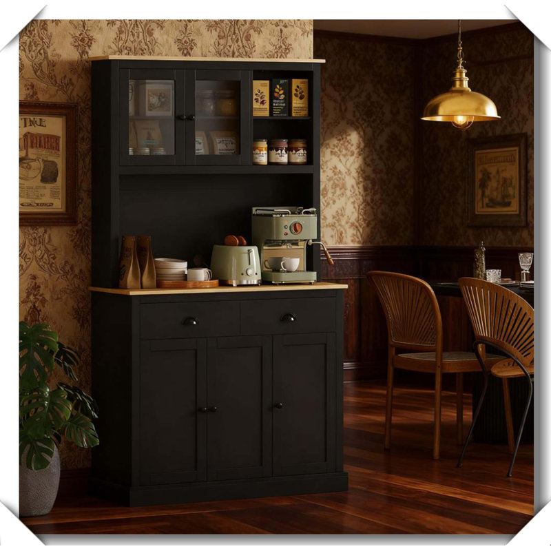 Organisateur de tablette autoportant avec armoire à café et station de micro-ondes, Noir