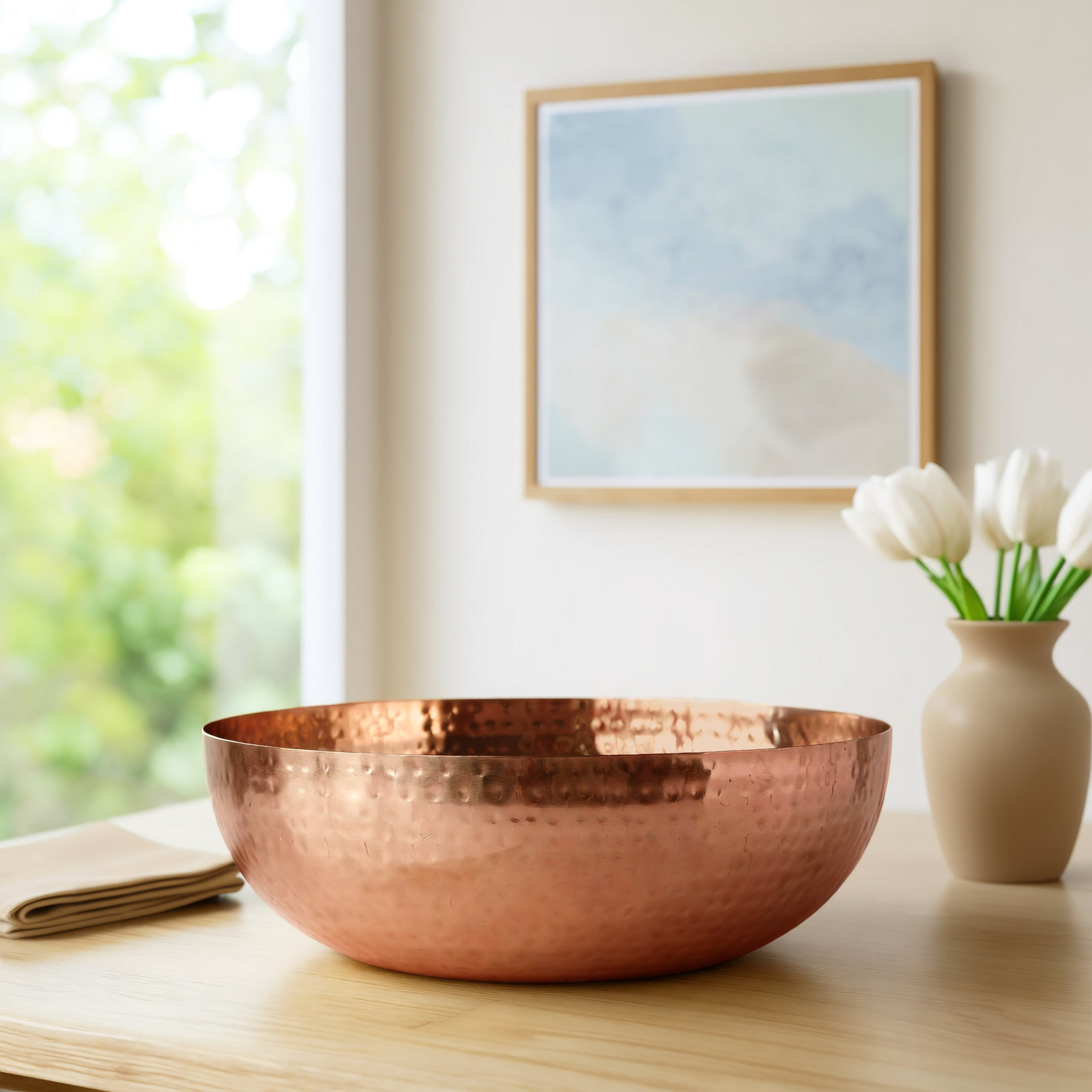 Rosy 14" W Handmade Hammered Iron Decorative Bowl , Copper