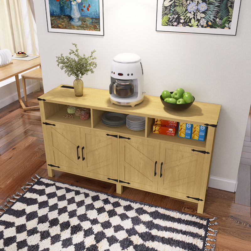 59'' Modern 4-Door Sideboard Buffet With Power Outlets & USB Ports, Adjustable Shelves And Half-Open Storage Cabinet, Metal Accents & Aluminum Handles,Natural Wood