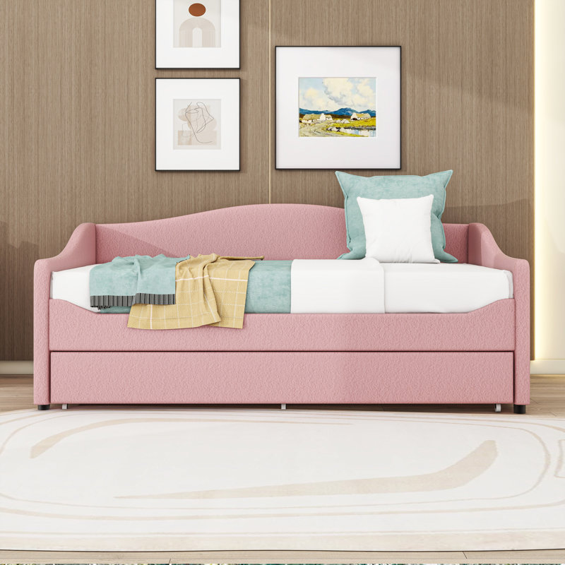 Upholstered Daybed with Twin Trundle and LED, Twin, Pink