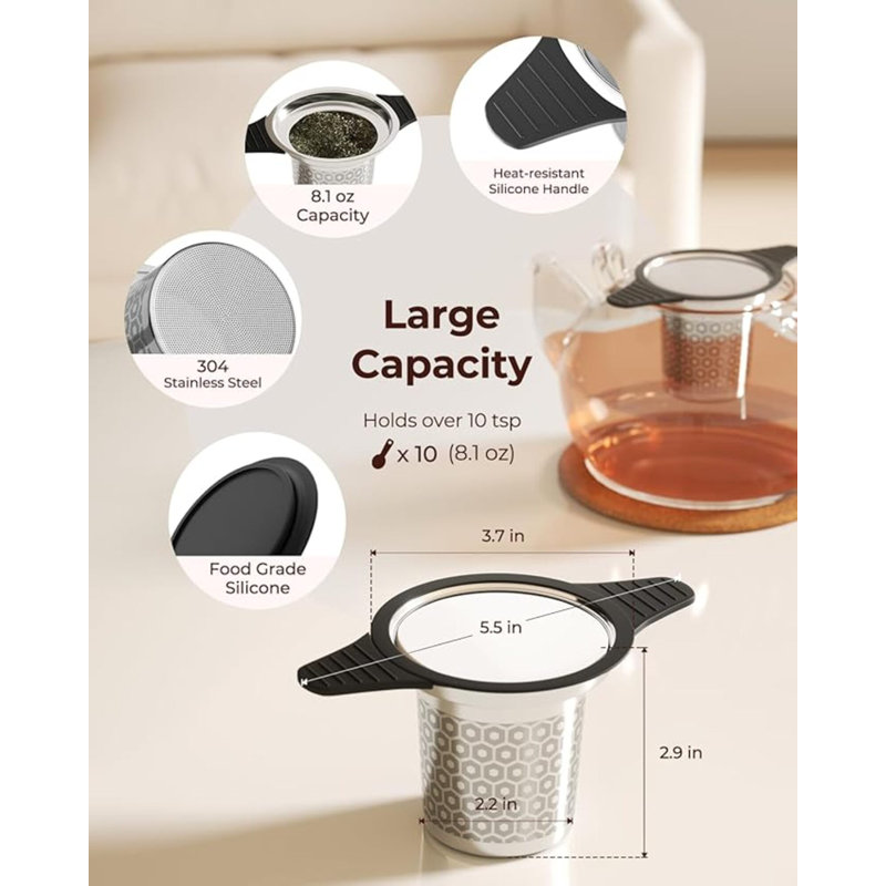 Crépines et filtres à thé extra fins en maille pour tasse à thé simple, acier inoxydable 304 et infuseur à feuille en silicone de qualité alimentaire pour thé noir, café, rooibos, etc.