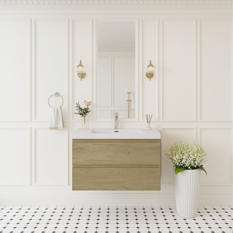 Meuble-lavabo flottant avec lavabo, mural et peu encombrant, idéal pour la conception et l'organisation de salles de bain modernes.