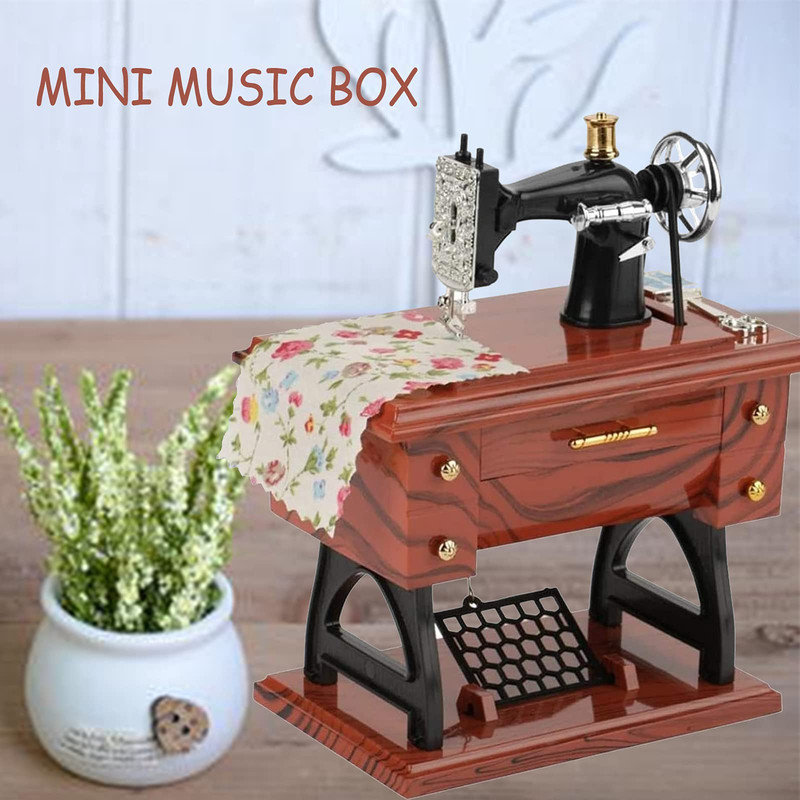Vintage Mini Sewing Machine Music Box, Hand Crank Musical Box, Desk Decor, Collectible Gift for Women, Mother, Her (6.3x5.2x3.1in)