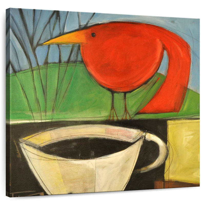Café Brampt et oiseau rouge, H 16 po x l 16 po