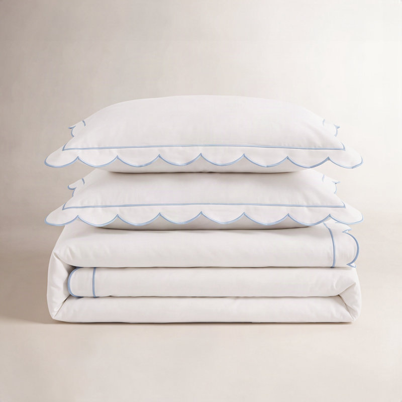 SCALLOP FRAME PERCALE DUVET SET, Blue, King Duvet Cover + 2 King Shams