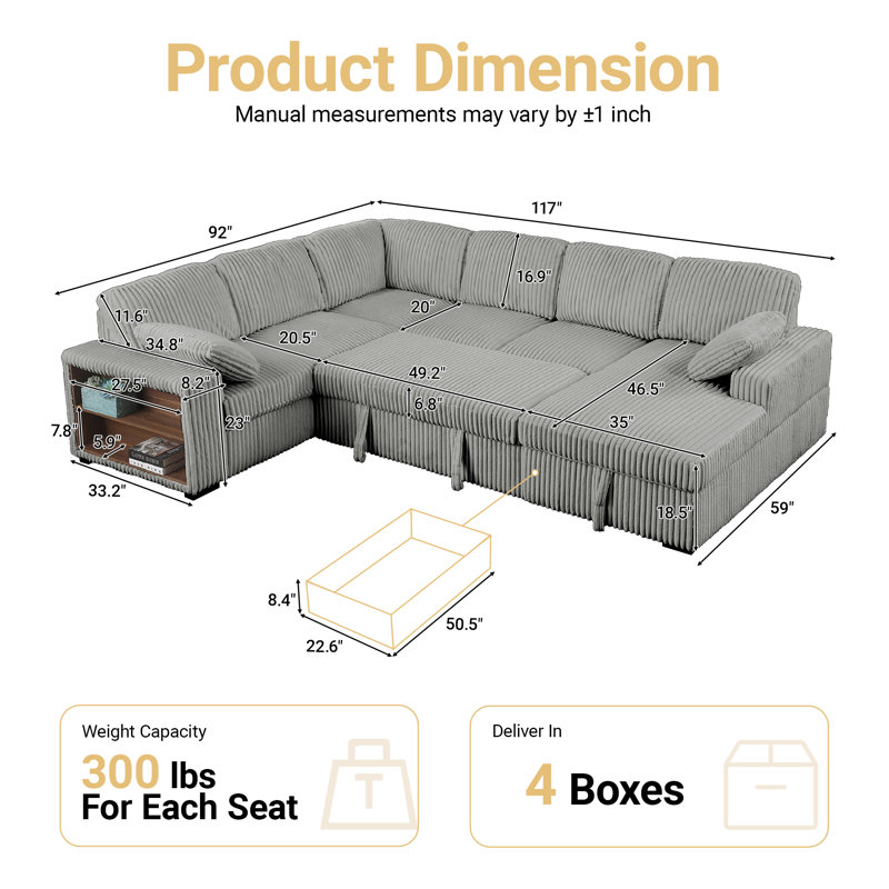 117" Convertible Sleeper Sofa Bed U-shaped Corduroy Sectional Pull-Out Couch With Storage Armrest & Storage Chaise & Corner