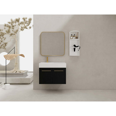 Meuble-lavabo mural avec lavabo et support de rangement, bassin en résine à bords épais, ensemble KD