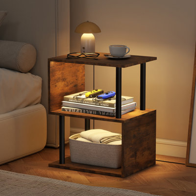 3-Tier S-Shaped Side Table with RGB LED Lights, Remote & App Control Modern Bedside End Table with Open Storage Shelves for Living Room Bedroom