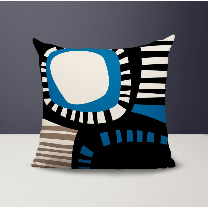 Oreiller carré réversible intérieur / extérieur Alika, Turquoise / noir / blanc cassé abstrait, H 15 po x l 15 po
