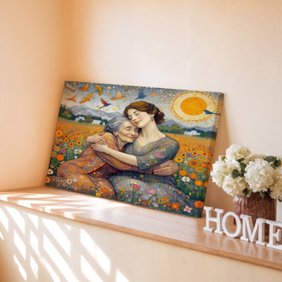 Two Women Embracing In Vibrant Flower Field With Sun And Birds Canvas Wall Art Print For Living Room, Bedroom, Office, Hallway, Entryway, Gallery Wall And Modern Home Decor